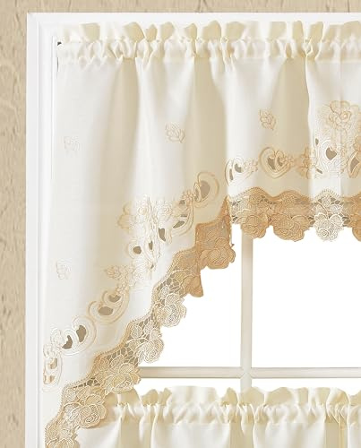 GOHD Lace Rosarium Kitchen Curtains, 3PCS Kitchen Curtains and Valances Set, Elegant White Fabric with Rose Embroidery and Lace. (Beige, Swag and 34 inches Tiers Set)