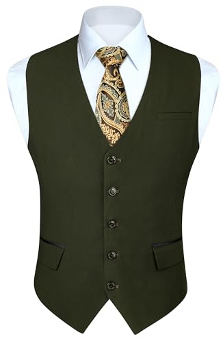 HISDERN Men's Olive Green Waistcoats Formal Wedding Waistcoat Solid Colour Classic Business Party Tuxedo Suit Vest with Fashion Pockets Regular Fit S