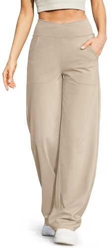 G4Free Yoga Pants for Women Wide Leg Joggers Trousers Crossover High Waist Loose Stretch Work Dress Casual Lounge Pants with Pockets(Petite,Light Khaki,S)