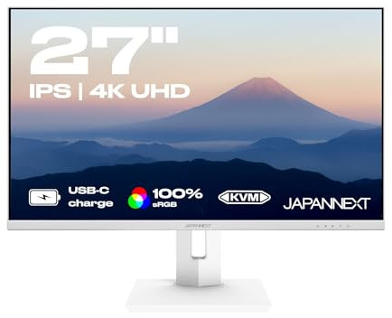 JapanNext Monitor Weiß 27 Zoll IPS 4K UHD (3840x2160) HDR | USB-C-Laden (65W) Höhen- & Neigungsverstellbar (HSP) Integrierte Lautsprecher G-Sync/FreeSync | JN-IPS27UHDR-C65W-HSP-W