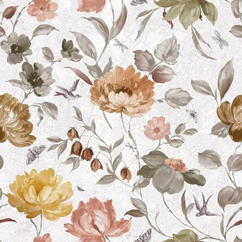 PAAHRYI Papel pintado autoadhesivo vintage floral flores y pájaros, papel pintado de tinta con flores, papel pintado gris para armarios, salón, dormitorio, cocina (40 x 600 cm)