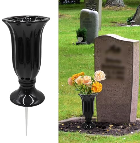 Cemetery Vase for Grave Decorations With Metal Spike, Ceramics Vase for Memorial Markers, Graveside Decor Sign for Outdoor Yard Lawn
