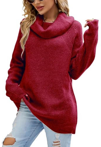 crazy bean Maglione Donna Elegante a Collo Alto Maglie Pesante a Maniche Lunghe Caldo Dolcevita Lungo Pullover Invernale in Maglia Oversize Rosso XL