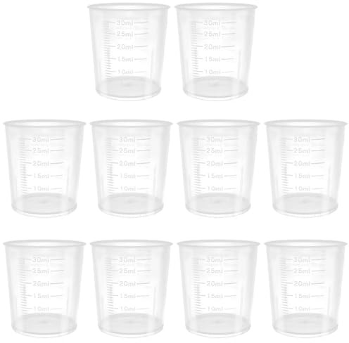 QIRUIRED 10 Pcs 30ml/1oz Plastic Liquid Measuring Cups Mini Clear Kitchen Medicine Cups Transparent Labs Graduated Beakers Baking Cooking Home Lab Measure Tool
