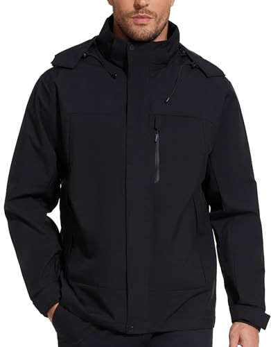 romansong Chaqueta impermeable H2O de 10000 mm, resistente al viento, con capucha extraíble, Negro, Large