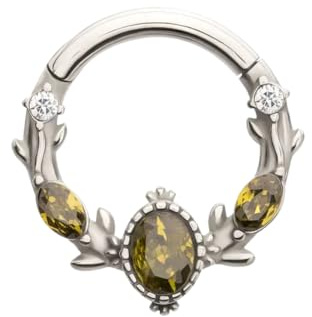 Pierced Owl 14-16GA 316L Stainless Steel Olive Green CZ Crystal Vined Hinged Segment Clicker Ring (1.2mm (16GA))