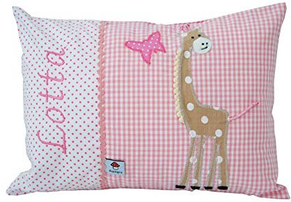 Glückspilz Namenskissen Babykissen I Giraffe I mit Namen personalisiert I Geschenk zu Geburt, Taufe oder Geburtstag (Rosa, 25 x 35 cm)