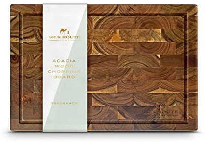 Silk Route Home Premium Acacia Butcher Block - 38 x 26 x 4 cm - Knife‑Friendly, Spill‑Guard Juice Groove & Finger‑Grooves - Heavy‑Duty Wood Chopping/Serving Board
