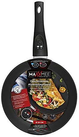 MAXXMEE Aluminium-Pfanne mit LED-Anzeige und Signalton 24cm | Hoher Rand und Cool-Touch-Griff | Für alle Herdarten geeignet, auch Induktion. | Bratpfanne besitzt 2-fache Antihaftbeschichtung [schwarz]