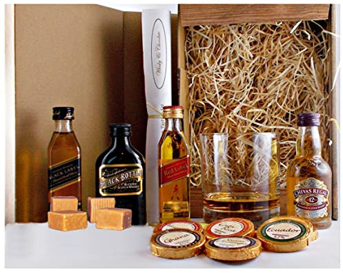 Geschenk Scotch Blend Whisky 4 Miniaturen je 5cl + Stölzle Glas im Karton Holzoptik