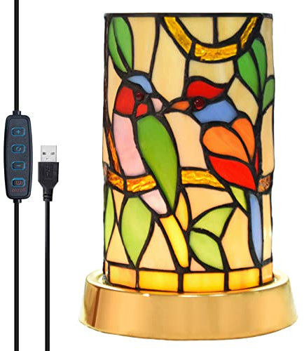 BOTOWI Veilleuse Perroquets pour Enfants, Lampe de Table LED Tricolore en Vitrail de Style Tiffany avec Port USB, Porte-Stylo de Rangement de Bureau pour Tables de Chevet,B