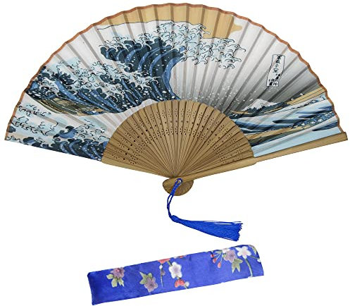 KEYIDO Ventaglio Giapponese Onde del Mare a Kanagawa Ventaglio Pieghevole in Legno e Seta Ventaglio in Bambù Borsetta Legno Tessuto Con Nappe e Marsupio Ventaglio per Elegante Donna Bambini e Uomini