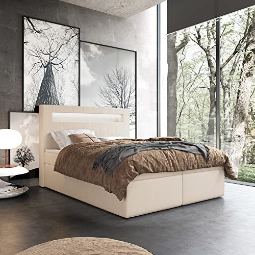 FURNISTAR Boxspringbett Doppelbett ROTTWEIL - 180x200cm Bett mit Bonellmatratze, mit Bettkasten für Bettwäsche und Topper. Bett mit Kopfteil. LED-beleuchtete Kopfstütze. (Soft 33, 180x200)