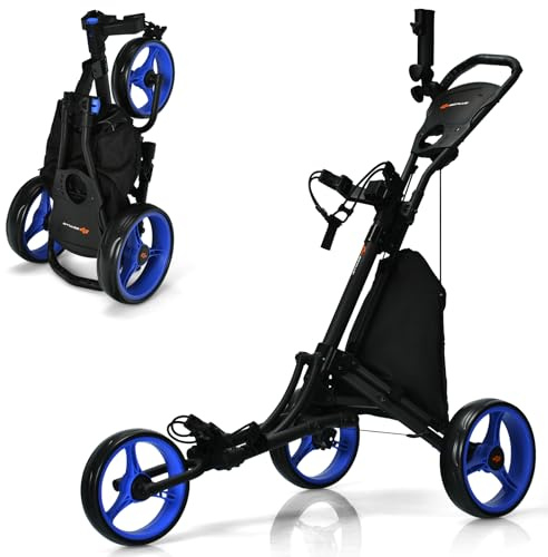 GYMAX Chariot de Golf à 3/4 Roues, Caddie de Golf Pliable Manuel, Porte-Sac, Porte-Parapluie, Cadre Robuste en Aluminium Pliable, Poignée Réglable, Tableau d'Affichage, Porte-Boisson