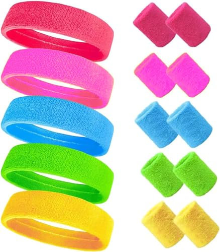 UQMIQURA 15 Stück Neon Schweißband Set, 80er 90er Schweissband Handgelenk Stirnband Sport Elastisch mit Armbänder für Damen Herren für Retro Party Karneval, Basketball, Tennis, Fitnessstudio