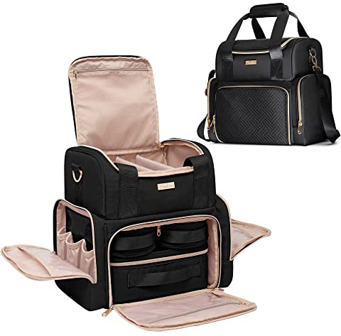 Prokva Großes Makeup Tasche mit 3 Innentaschen, Doppellagiger Kosmetik Organizer mit Tasche für Makeup Bürsten, Schwarz (Leere Tasche, Patentdesign)