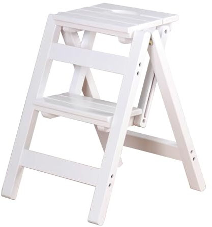 2-vånings trästege Pall Vikbar Stegpall Vit, bärbar 2-stegs Stegestol med Anti-Slip bred pedal, Köksbibliotek Office Stigstege