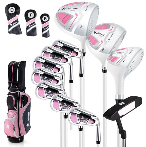 GYMAX Komplette Golfschlägersätze, Golfschläger Set für Damen, inkl. 460CC #1 Driver, #3 Fairway, #5 Hybrid, #5/#6/#7/#8/#9/#P/#S Eisen, Putter, 3 Schlägerhauben & tragbare Cart-Tasche (Rosa)