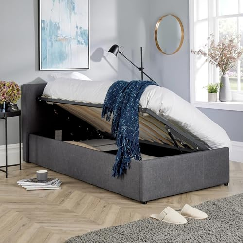 Home Source Single 3ft Side Gas Lift Fabric Ottoman Storage Bed, Grey