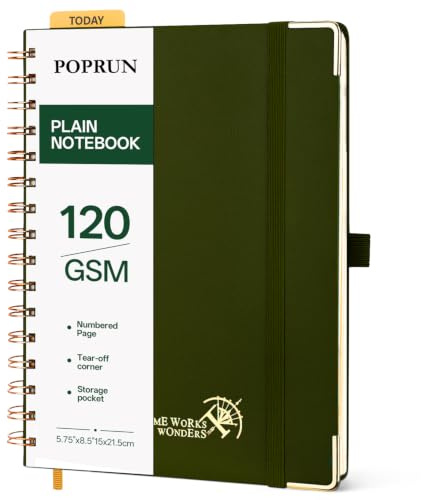 POPRUN Cuaderno de Notas con Espiral, Página en Blanco, Tamaño A5, Papel Grueso de 120 GSM, 141 Páginas Numeradas, con Bolsillo, Pestañas de Indice, 8 Hojas Perforadas, Verde Oliva