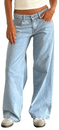 Onsoyours Jean Femme Taille Basse Coupe Droite Straight Jeans Y2K Baggy Jambes Larges Pantalon en Denim Automne Hiver Elastique Jeans B Bleu Clair 02 L