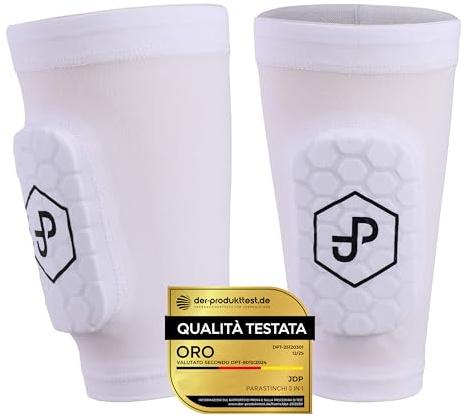JDP Premium 3in1 Schienbeinschoner, Strumpf mit integriertem Schienbeinschoner Fußball, Schienbein Schoner inkl. Fußballstutzen Kids, Schienbeinschützer Kinder Fussball, Fußballschoner Größe S weiß