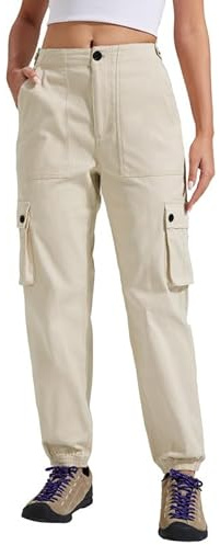 Pioneer Camp Pantalones cargo largos para mujer, pantalones de senderismo para mujer, resistentes, cintura ajustable, pantalones de chándal para exteriores con 6 bolsillos, caqui, L
