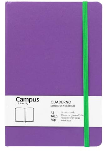 Campus - Carnet de Notes A5, Bullet Journal à Feuilles Unies, Carnet à Couverture Rigide, Carnet Violet 96 Feuilles de 75g, Fermeture Élastique, Pochette et Marque-Page (A5, Uni, Violet)