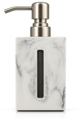 White Hand Soap Dispenser 500ml with Marble Finish and Level Indicator – Soap Dispenser Bathroom & Kitchen, Premium Resin Hand Wash Dispenser with Stainless-Steel Pump