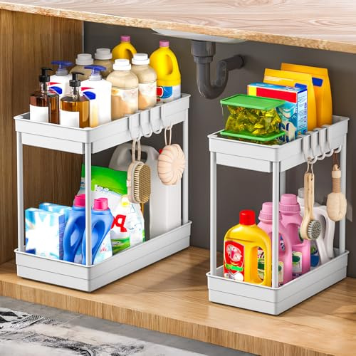 PurKeep 2 Pack Under Sink Storage, 2 Tier Bathroom Cabinet Organizers and Storage with Hook, Under Sink Organizer Multi-purpose Organisation for Kitchen Countertop, 2 Size 1L+1M, White