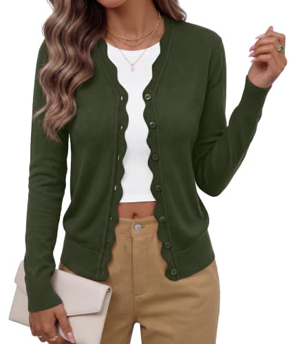 Yommay Womens Long Sleeve Cardigans Sweater Soft Lightweight V Neck Knit Casual Lady Cardigan Trendy Wavy,Olive Green,X-Large