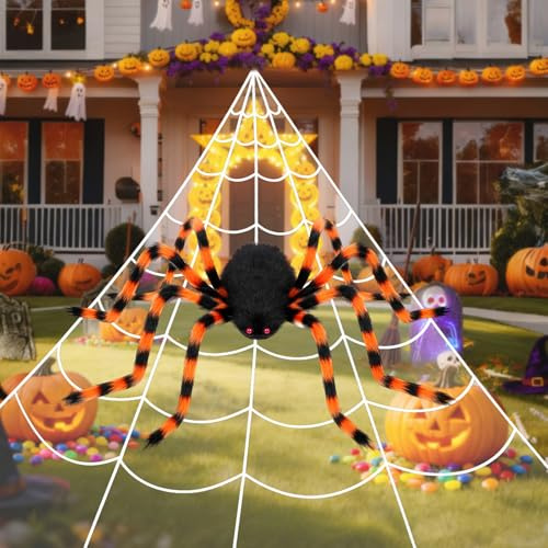 SKYYUE Araña Gigante Halloween Decoración Exterior, 500cm Tela de Araña Gigante y 125cm Arañas Gigantes, Araña Grande Realista Decoración Telaraña para Halloween Carnaval Fiesta Temáticas de Terror