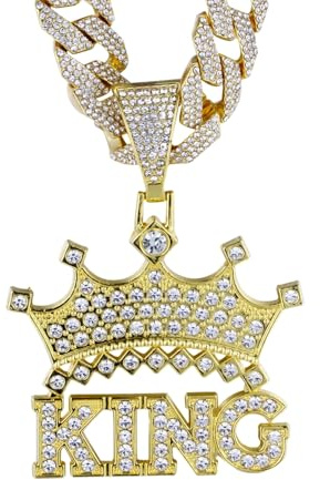 Halukakah Diamond Crown King Necklace for Men,18k Real Gold Plated,Lab Diamonds Prong Set,3D Bubble Letter Pendant with 15mm Diamond Cuban Link Chain 20,Present for Husband,Son,Boyfriend