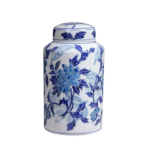 Blue and White Ceramic Jar with Lid, 12 Hand-Painted Chinoiserie Ginger Jar Vase for Home Decor, Porcelain Tea & Coffee Storage Canister, Ideal for Shelf, Table, Cabinets (Blue Peony)