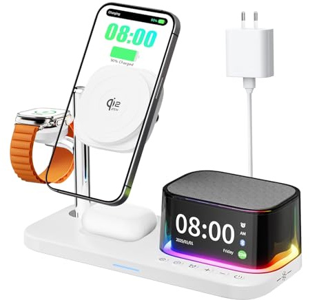 7-i-1 trådlös laddare, Bluetooth-högtalare med väckarklocka, 25W snabbladdstation, atmosfärsbelysning, kompatibel med iPhone 17 16 15 14 13 12 Pro Max-serien, AirPods, Samsung & Apple Watch