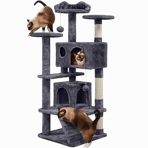 Yaheetech Arbre à Chat 139 cm, Arbre à Grimper avec 2 Niches 3 Plateformes 2 Boules en Sisal Multi-Niveaux Idéal pour 3-4 Chats, Gris Foncé