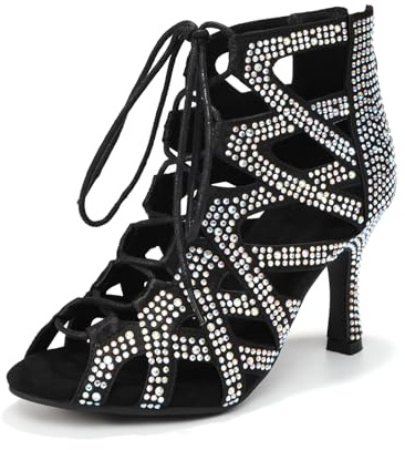 YKXLM Stivali da Ballo Latino Americano Donna con Punta Aperta Strass con Tacco Scarpe da Ballo Donna,Tacco 8.5 cm,Nero,39EU
