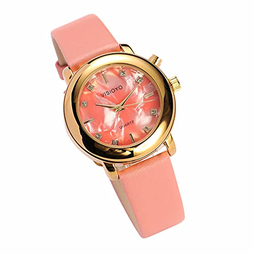 VISIONU Ladies Montre Parlante Analogique avec Alarme, Annonce de l'heure et Date en Français (Bracelet Cuir Rose TAG-1404F)