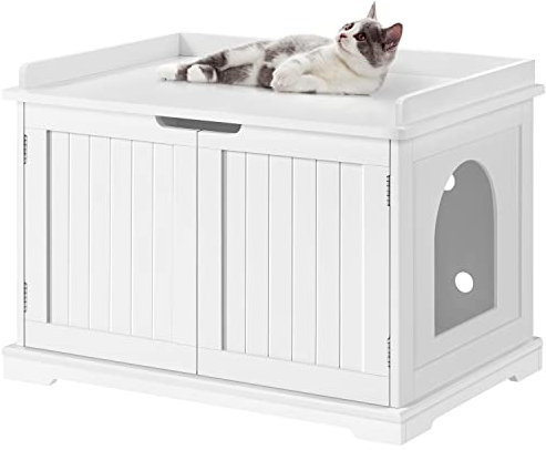 Yaheetech Wooden Cat Litter Box Enclosure, Indoor Hidden Litter Box Washroom Storage Bench with Double Doors, Moveable Partition & Ventilation Holes for Cat Kitty, White