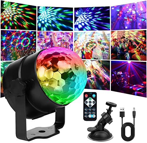 URAQT Disco Light, USB Charged DJ LED Light for Parties, Sound Activated Party with Remote Control, Ball Lights, 7 RGB Colours 360°Rotating Car, KTV, Black
