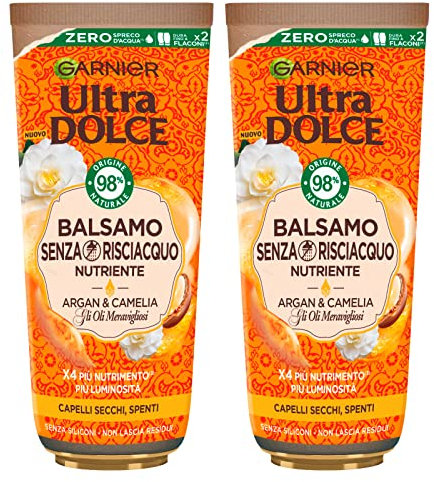 Garnier Ultra Dolce Balsamo Nutriente per Capelli Secchi e Spenti Formula Senza Risciacquo con Ingredienti 98% di Origine Naturale agli Oli Meravigliosi di Argan e Camelia - 2 Flaconi da 200ml