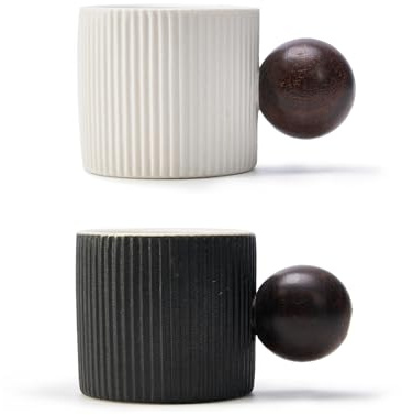 CLASGLAZ Espresso Cups 70ml, Small Ceramic Coffee Cups, Mini Mugs with Round Wooden Handle, Vertical Stripes Tea Cups (Black&White, 2pcs)