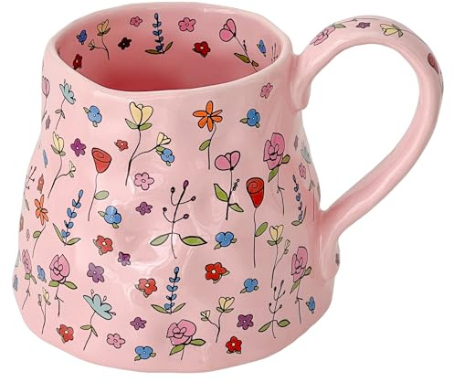 Large Ceramic Coffee Mug Pink Cute Flower with Big Handle, 20oz Girly Floral Tea Cup for Women Mothers Day Gifts, Novelty Irregular Oversized Mugs for Valentines Day Gifts for Her
