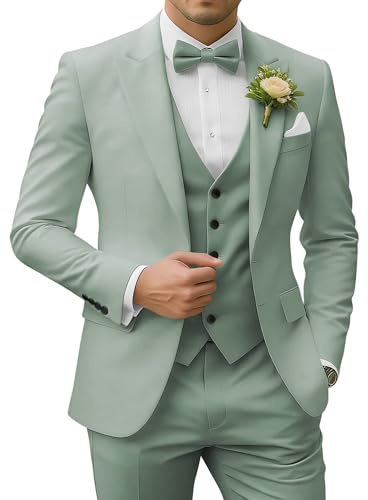SPTALLFITJSV Costume 3 pièces pour Homme - Coupe ajustée - Blazer à Deux Boutons - Gilet et Pantalon - pour Mariage, Bal de Fin d'année, fête, Vert grisé, Taille L