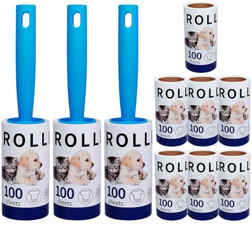 Rollo de Pelusa Extra pegajoso Mega Value Set 1000 Hojas con 3 Asas Lint Roller, Rodillo de Pelusas para Ropa y Pelo de Mascotas.