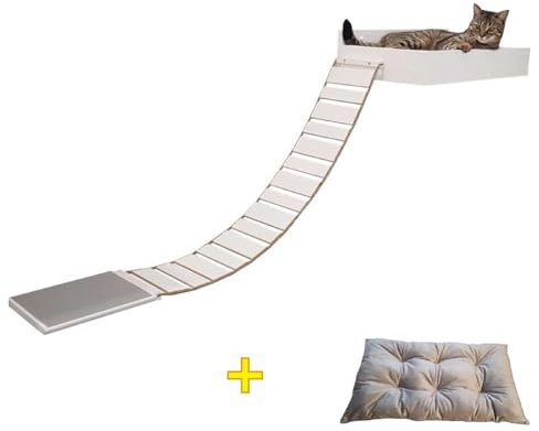 QLS Eck-Katzenbrücke mit Katzenliege Set aus Holz XXL Wandbefestigung rutschfest Weiß (10960)