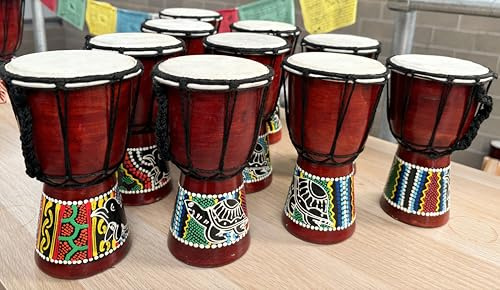 Djembes for schools & youth groups. Bulk set of 10 20 cm high Children's Djembe Drums, pay for 9 get one free! Mixed Designs Great Sound Fair Trade