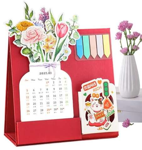Sghtil Calendrier 2025 debout – Type d'insertion de carte – Calendrier de table esthétique avec motif chat | Calendrier d'insertion de cartes détachables – Notes adhésives pour enfants
