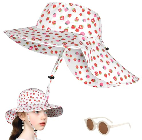 DiULi Solhatt barn, fiskarhatt för pojkar, flickor, justerbar bucket solhatt, baby solskyddsmössa, vindtät, nackskyddskeps för flickor, Rosa jordgubbe-1 st, one size