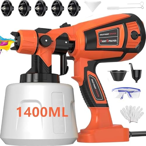 ZICO 1000W Pistolet a Peinture,1400ml réservoir,5 Buses & 3 Modes,Débit 360° réglable,idéal pour Meubles,Murs,Portes,Bricolage,clôtures et projets intérieur/extérieur,Orange